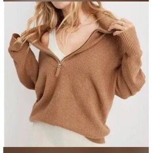 Aerie Womens Tan Waffle Knit Oversized‎ Button Collar Sweater S Camel Pullover
